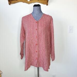 Flax Linen Red Striped Lagenlook Button Up Blouse Size Small